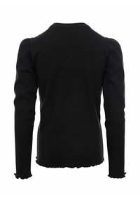 Zwarte gebreide trui met lange mouwen, gefronkete manchetten en een getailleerde vorm. De achterkant heeft een ronde halslijn en is glad van textuur.