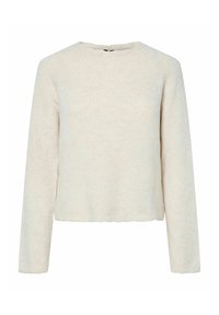 Pull en tricot à manches longues de couleur crème avec un col rond et un ourlet légèrement raccourci, présenté sur un fond blanc uni.