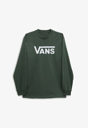 T-shirt vert foncé à manches longues avec col rond et logo Vans blanc centré sur la poitrine, avec poignets côtelés.