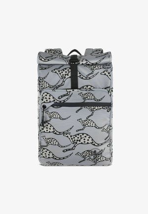 Grauer Rucksack mit einem Känguru-Druck in Schwarz und Weiß. Enthält ein Vorderfach mit Reißverschluss und verstellbare Tragegurte. Robustes Material.