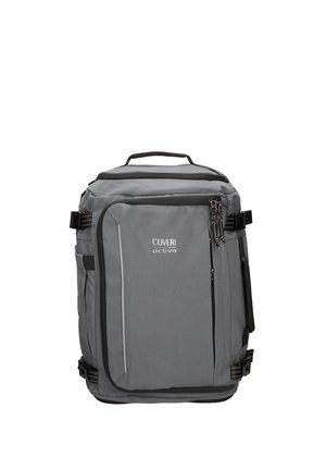 Gray rectangular backpack with front zip pocket, black side buckles, top handle, and "COVERI active" logo on the front panel.