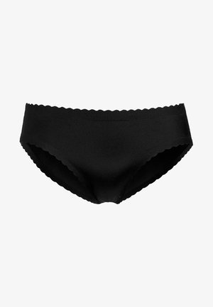 Sous-vêtements hipster en coton noir avec un bord festonné. Texture douce offrant confort et design ajusté. Pas de coutures ou d'ornements visibles.