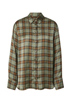 Langärmelig geruite shirt in groene, oranje en bruine tinten. Heeft een knoopsluiting, een puntige kraag en een gladde stoftextuur.