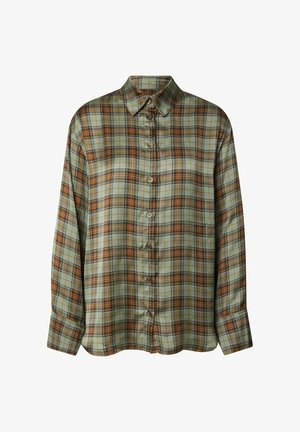 Langärmelig geruite shirt in groene, oranje en bruine tinten. Heeft een knoopsluiting, een puntige kraag en een gladde stoftextuur.