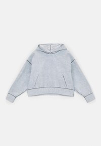 Ljusgrå huvtröja med ett strukturerat mönster, med sidofickor, ribbade ärmslut och mörkblå accent-sömmar.