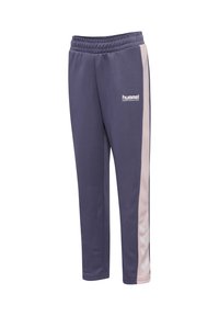 Purple fleece pants with a pink side stripe, elastic waistband, and white logo. Features chevron pattern on the stripe for added detail.