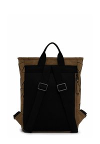 Brown backpack with black padded back panel, adjustable black shoulder straps, a top handle, and a side zipper pocket.