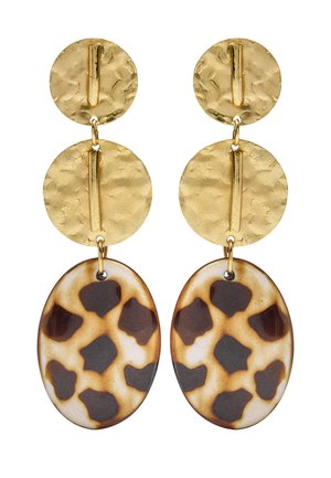 Zwieszane kolczyki z dwoma teksturowanymi złotymi dyskami oraz owalnymi zawieszkami z wzorem w panterkę w odcieniach brązu i beżu.