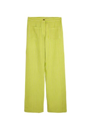 Zielone, w paski, szerokie spodnie z wysokim stanem, z przednimi i tylnymi kieszeniami oraz pojedynczym zapięciem na guzik. Miękka tkanina i swobodny styl.