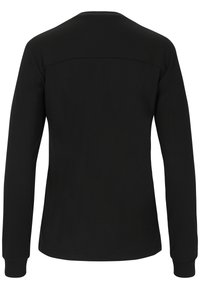Schwarzes Langarmshirt aus glattem Stoff, mit rundem Halsausschnitt, gerippten Bündchen und einem schlichten Rücken, der ein dezentes Schulternaht-Detail aufweist.