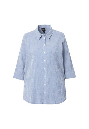 Blå- og hvidstribet skjorte med krave, trekvartærmer, knapper foran og løs pasform. Lignende bomuldsstruktur.
