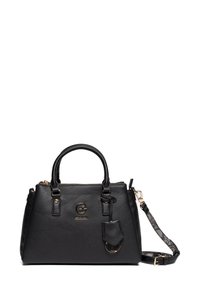 Borsa a mano nera in pelle con finitura testurizzata, hardware dorato, manici superiori e una tracolla staccabile con un accento a motivo.