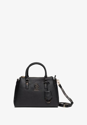 Borsa a mano nera in pelle con finitura testurizzata, hardware dorato, manici superiori e una tracolla staccabile con un accento a motivo.