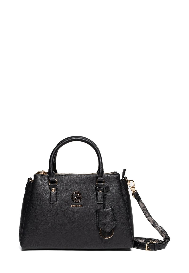 Borsa a mano nera in pelle con finitura testurizzata, hardware dorato, manici superiori e una tracolla staccabile con un accento a motivo.