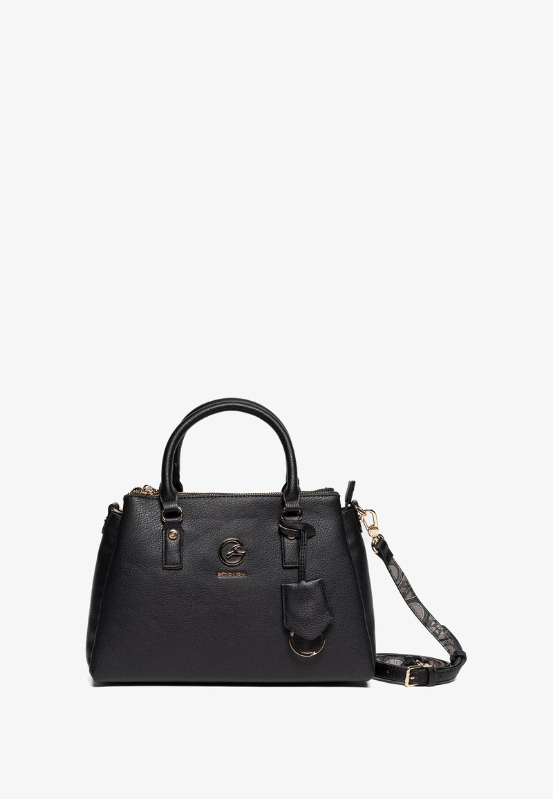 Borsa a mano nera in pelle con finitura testurizzata, hardware dorato, manici superiori e una tracolla staccabile con un accento a motivo.