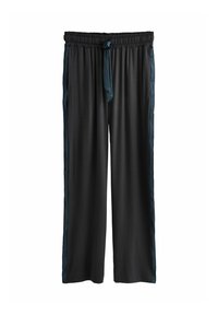 Black wide-leg pants with elastic waistband and satin drawstring, featuring dark blue satin stripes along the sides.