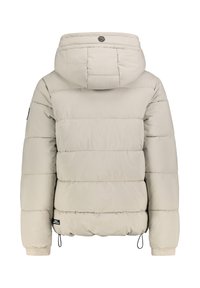 Gewatteerd jack in lichtbeige, met capuchon, doorgestikt ontwerp, elastische manchetten en een zoom met trekkoord. Eenvoudig zwart logodetail op de mouw.