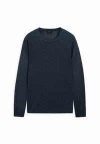 Maglietta a maniche lunghe con colletto tondo di un blu navy scuro. Tessuto morbido e strutturato, con una vestibilità comoda e senza motivi o hardware visibili.