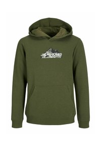 Felpa verde realizzata in morbido tessuto, con tasca frontale, cappuccio regolabile e un design grafico con il testo "JACK & JONES" e un motivo montano.