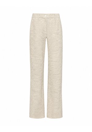 Beige linnen broek met wijde pijpen, voorpand met knoopsluiting en een gladde tailleband, getoond op een witte achtergrond.