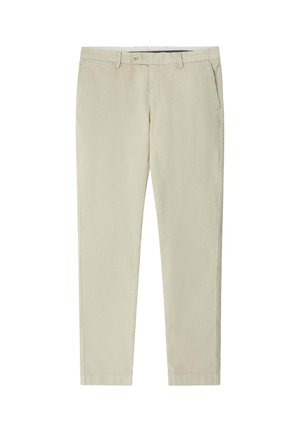 Chinos de algodón ligero en color beige, con pernera recta, cierre de botón, bolsillos delanteros y detalles de costura. Textura suave, diseño limpio.