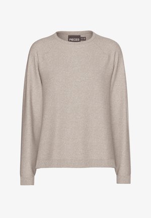 Beige sweater made of soft knit fabric. Features a round neck, long sleeves, and ribbed cuffs. Casual fit with a smooth texture.