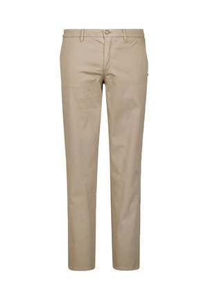 Beige katoenen broeken met een recht model. Voorzien van een knoopsluiting aan de voorkant, riemlussen en zijzakken. Zachte textuur.