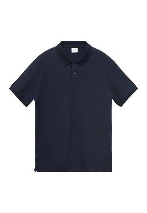 Tummansininen polo-paita, jossa on kauluspääntie, lyhyet hihat, kaksinappinen etumus ja sivureiät helman liikkuvuuden parantamiseksi. Puuvillasekoitetta.