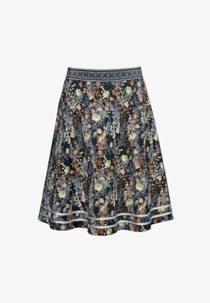 Blumenmusterrock in dunklen Farben, mit einem strukturierten Bund und Saumdetails, in Tönen von Gold, Grün und Rost.