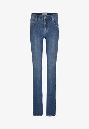 Schmale blaue Jeans in mittlerer Waschung, mit einem klassischen Fünf-Taschen-Design, subtiler Waschung und silbernen Hardware-Akzenten.