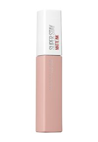 Pomadka płynna Maybelline Super Stay Matte Ink w prostokątnym nudowym różowym opakowaniu z białą zakrętką, z czerwonym i szarym napisem.