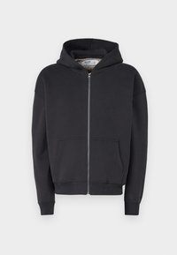 Zwarte zip-up hoodie met een kangoeroe zak, ribbelmanchetten en -zoom, gemaakt van zacht katoen, met een capuchon met trekkoord.