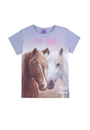 Light purple short-sleeve shirt with a print of two horses, one brown and one white, with pink heart shapes above them and "Miss Melody" text.