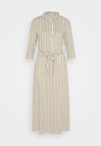 Raidallinen mekko beige ja valkoinen, jossa on napitettava etuosa, kaulus ja vyö. Pitkät hihat ja täyspitkä muotoilu. Sujuva rakenne.