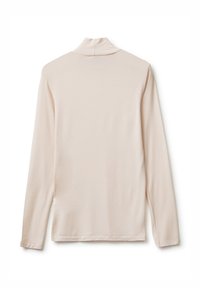 Maglia beige a maniche lunghe con collo alto, distesa piatta mostrando la parte posteriore, con un tessuto semplice e liscio senza motivi visibili.