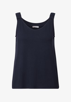Débardeur sans manches bleu marine en matériau doux, avec un encolure arrondie et des détails froncés sur les bretelles.