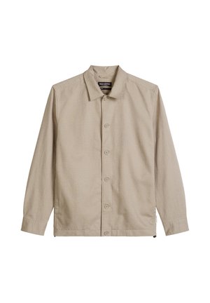 Beige overhemd met lange mouwen en knopen, een kraag, zichtbare stiksels en een Marc O'Polo-label aan de binnenkant van de kraag.
