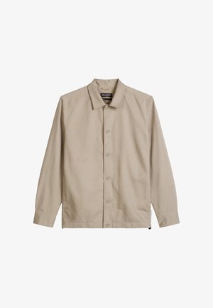 Beige overhemd met lange mouwen en knopen, een kraag, zichtbare stiksels en een Marc O'Polo-label aan de binnenkant van de kraag.