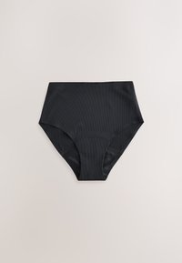 Czarne majtki od kostiumu kąpielowego z wysokim stanem, wykonane z prążkowanej tkaniny. Charakteryzują się gładką fakturą i klasycznym, minimalistycznym designem. Bez ozdób.