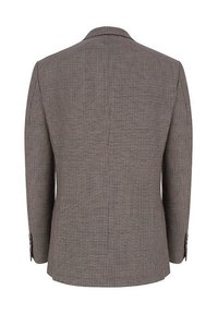 Marynarka w wzór houndstooth w kolorze brązowym i kremowym, o dopasowanym kroju, z klapami typu notch i podwójnymi rozcięciami z tyłu; w pełni podszewkowana.