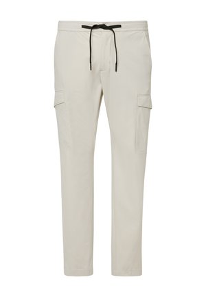 Helle beige Cargo-Hosen aus einem weichen Stoff, mit einem kordelzugartigen Bund, zwei Seitentaschen und einem schlanken Schnitt.