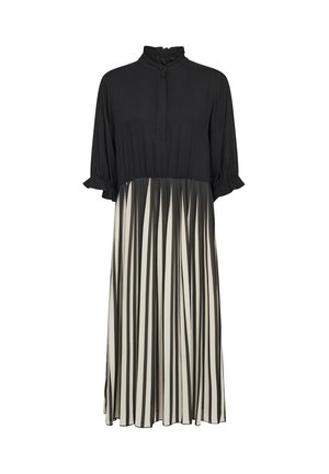 Black and cream dress with a ruffled collar, button closure, and short sleeves; features vertical stripes on a pleated skirt.