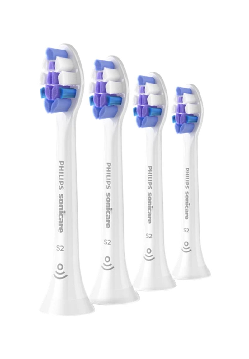Philips Sonicare S2 elektrische tandenborstelkoppen in het wit met blauwe en paarse haren, met een afgeronde vorm en Sonic technologie ontwerp.