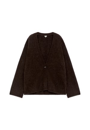 Dark brown, fluffy cardigan with a V-neck, long sleeves, and a single button closure at the front. Soft texture and oversized fit.