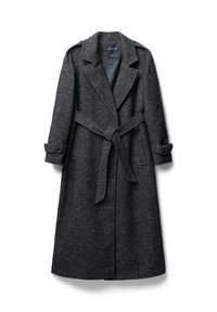 Trench coat grigio in misto lana con cintura in vita, colletto ad intaglio, due tasche frontali e polsini risvoltati, realizzato in tessuto strutturato.