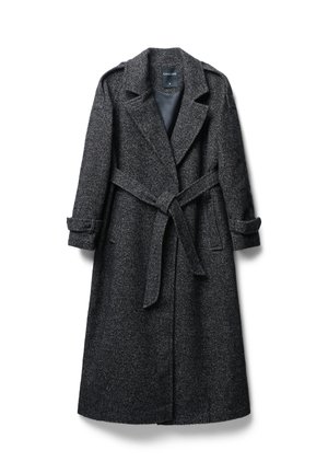 Trench coat grigio in misto lana con cintura in vita, colletto ad intaglio, due tasche frontali e polsini risvoltati, realizzato in tessuto strutturato.