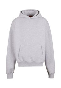 Šedá mikina vyrobená z jemného materiálu, s veľkou kapucňou, klokankovou vreckom a ribbovanými manžetami a spodným lemom. Klasický puloverový dizajn.