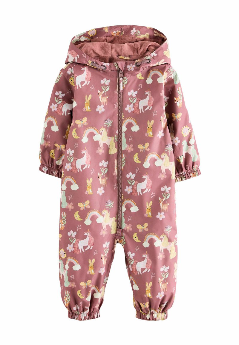 Tuta impermeabile rosa a tinta unita con motivi di unicorno e coniglietto, chiusura frontale a zip completa, polsini elasticizzati e cappuccio foderato in tessuto morbido.