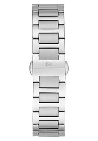 Metal watch strap in silver, featuring brushed and polished links, rectangular shapes, and a secure clasp with a logo engraving.