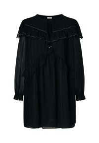 Vestido negro de manga larga con mangas transparentes, detalles de volantes en el pecho y el dobladillo, pequeños remaches metálicos y un lazo de borlas en el escote.